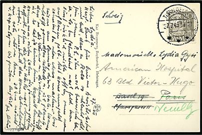 20 øre Karavel på brevkort annulleret Tisvildeleje d. 27.7.1949 til Basel, Schweiz - eftersendt til bl.a. Paris, Frankrig. 