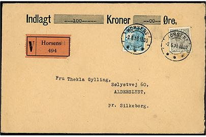 25 øre Karavel og 50 øre Chr. X på værdibrev fra Horsens d. 2.8.1933 til Alderslyst pr. Silkeborg.
