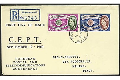 Komplet set CEPT udg. på anbefalet FDC fra Rickmansworth d. 19.9.1960 til Milano, Italien.