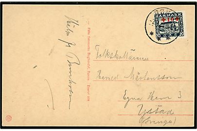 20+10 øre Røde Kors Provisorium på brevkort fra Rønne d. 7.7.1921 til Ystad, Sverige.