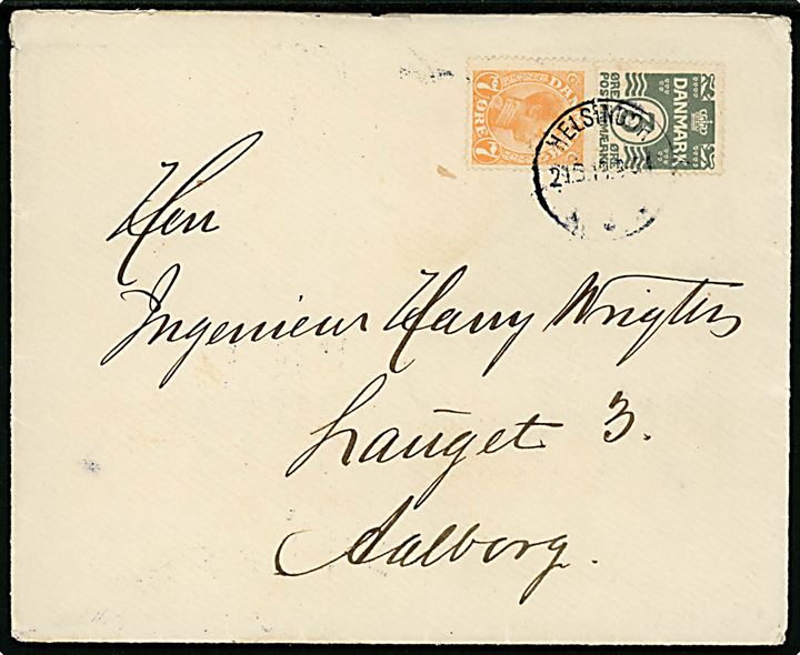 3 øre perlegrå Bølgelinie og 7 øre Chr. X i lodret automat sammentryk på brev fra Helsingør d. 21.6.1919 til aalborg.