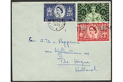 2½d, 1´3 sh. og 1´6 sh. Elizabeth Coronation på brev fra Paddington d. 12.6.1953 til Haag, Holland.