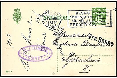 10 øre helsagsbrevkort (fabr. 92-H) annulleret København d. 14.8.1929 og sidestemplet Fra Rønne til København.