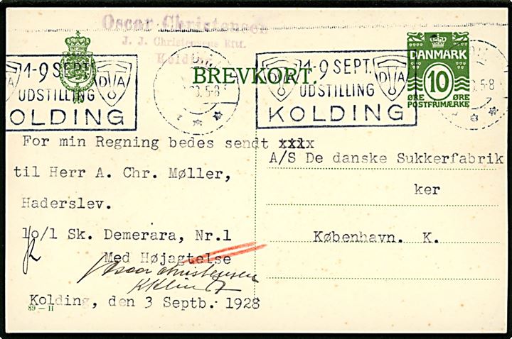 10 øre helsagsbrevkort (fabr. 89-H) annulleret med båndmaskin-TMS 1-9 SEPT. UDSTILLING KOLDING/Kolding d. 3.9.1928 til København. Meget sjældent maskinstempel.