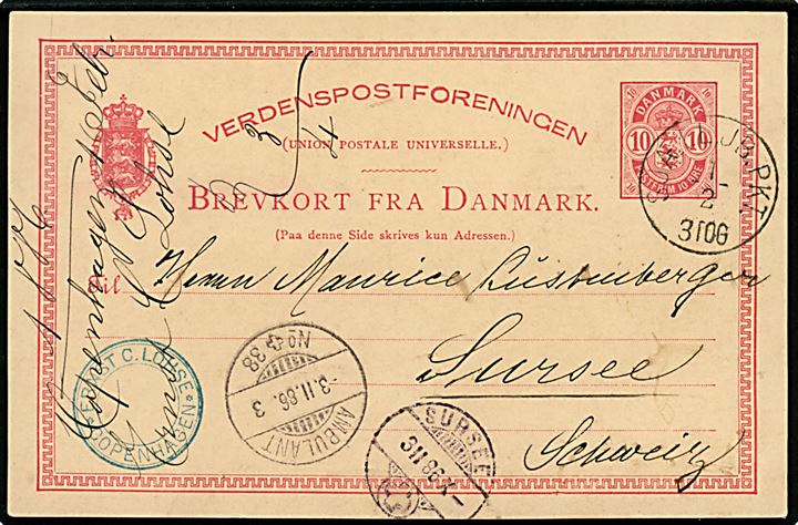 10 øre Våben helsagsbrevkort fra Kjøbenhavn annulleret med lapidar bureaustempel Sjæll. JB.PKT. d. 1.2.1886 via bureau Ambulant No. 38 til Sursee, Schweiz.