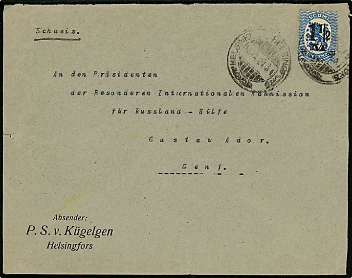 1½ mk./50 pen. Provisorium på brev fra Helsingfors d. 16.9.1921 til Gustav Ador, Präsidenten der Besonderen Internationalen Kommission für Russland-Hülfe i Geneve, Schweiz.
