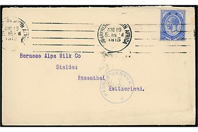 2½d George V på brev fra Johannesburg d. 19.8.1916 til Emmenthal, Schweiz. Lokal sydafrikansk censur no. C4.