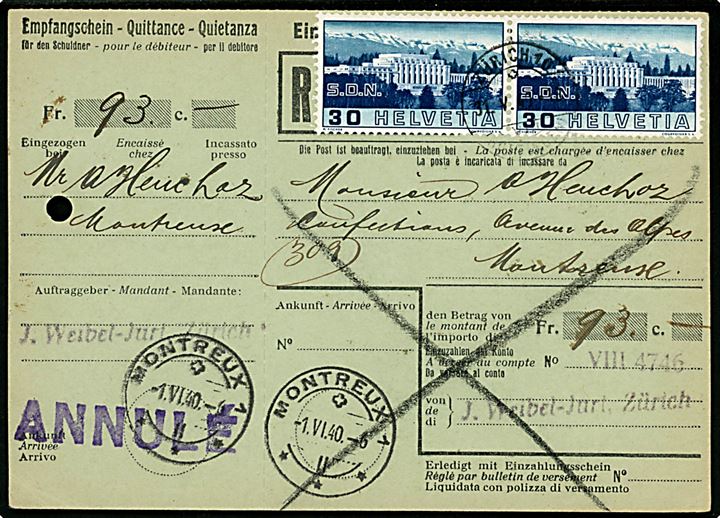 30 c. Folkeforbundet SDN i parstykke på postanvisning fra Zürich d. 31.5.1940 til Montreux. 