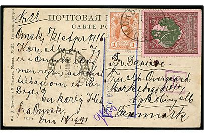 1 kop. Romanow udg. og 3+1 kop. Velgørenhed på brevkort fra Omsk annulleret med ovalt bureaustempel d. 11.4.1916 til Nykøbing Mors, Danmark. Russisk censur fra Petrograd.
