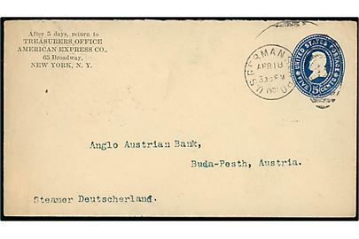 5 cents helsagskuvert fra New York påskrevet Steamer Deutschland annulleret med duplex skibsstempel U.S.GERMAN SEA P.O. / 12 d. 18.4.1901 til Budapest, Østrig (skulle være Ungarn). 