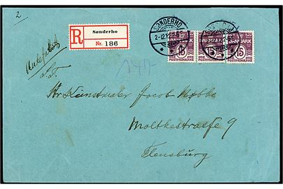 15 øre Bølgelinie (3) på 2. vægtkl. anbefalet brev fra Sønderho d. 2.12.1912 til Flensburg, Tyskland.