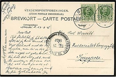 5 øre Fr. VIII i parstykke på brevkort (Maribo Raadhus) fra Maribo d. 28.8.1907 til Singapore. Transit stemplet med bureaustempel Penang to Singapore d. 21.9.1907.
