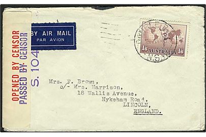 1'6 sh. single på luftpostbrev med svagt stempel d. 20.5.1940 til Licoln, England. Åbnet af australsk censur no. S.104.