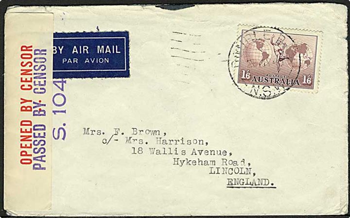 1'6 sh. single på luftpostbrev med svagt stempel d. 20.5.1940 til Licoln, England. Åbnet af australsk censur no. S.104.