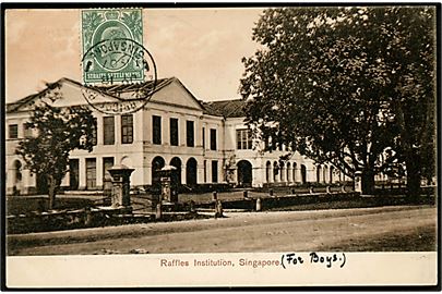 1 c. Edward VII på billedside af brevkort (Singapore, Raffles Institution) sendt som tryksag stemplet South Bridge Road Singapore d. 18.7.1907 via Singapore d. 18.7.1907 til Fredericia, Danmark.