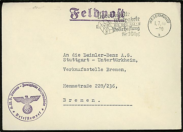 Ufrankeret feltpostbrev med Briefstempel fra Kriegsmarine Dienststelle Zweigstelle Wesermünde d. 1.7.1940 til Bremen. 