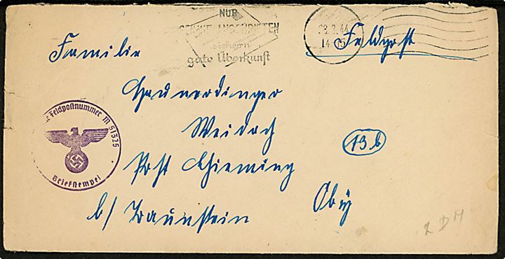 Ufrankeret feltpostbrev med stumt stempel d. 28.2.1944 og Briefstempel feldpostnummer M51325 (= 14. Räumboots-Flottille R 228) stationeret ved den engelske kanal indtil juni 1944.