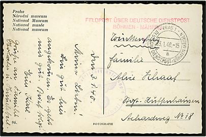 Ufrankeret feltpostkort med liniestempel Feldpost über Deutsche Dienstpost Böhmen-Mähren og stemplet Prag 1 * Deutsche Dienstpost - Böhmen-Mähren * d. 3.1.1940 til Tyskland. Briefstempel fra Kraftfahr-Ersatz-Abteilung 5.