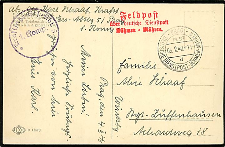 Ufrankeret feltpostkort med liniestempel Feldpost über Deutsche Dienstpost Böhmen-Mähren og stemplet Prag / PLST / * Deutsche Dienstpost - Böhmen-Mähren * d. 5.2.1940 til Tyskland. Briefstempel fra Kraftfahr-Erz-Abt. 5 / 1. Komp.