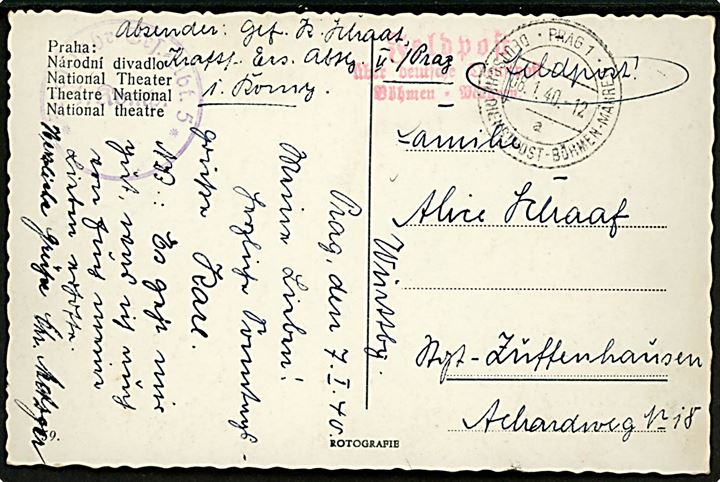 Ufrankeret feltpostkort med liniestempel Feldpost über Deutsche Dienstpost Böhmen-Mähren og stemplet Prag  * Deutsche Dienstpost - Böhmen-Mähren * d. 8.1.1940 til Tyskland. Briefstempel fra Kraftfahr-Erz-Abt. 5 / 1. Komp.