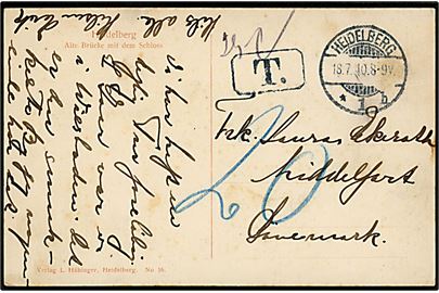 Ufrankeret brevkort fra Heidelberg d. 18.7.1910 til Middelfart, Danmark. Udtakseret i 20 øre porto.