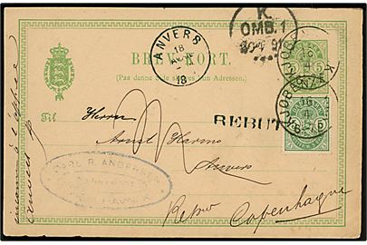 5 øre Våben helsagsbrevkort opfrankeret med 5 øre Våben annulleret med lapidar Kjøbenhavn d. 16.4.1891 til Anvers, Belgien. Retur som ubekendt.