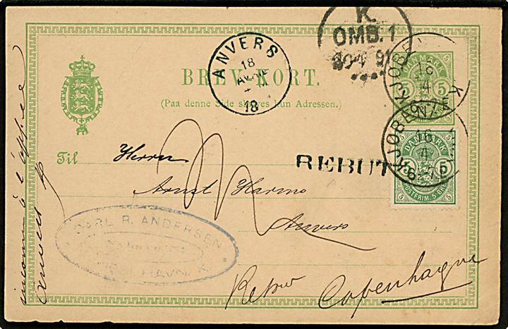 5 øre Våben helsagsbrevkort opfrankeret med 5 øre Våben annulleret med lapidar Kjøbenhavn d. 16.4.1891 til Anvers, Belgien. Retur som ubekendt.
