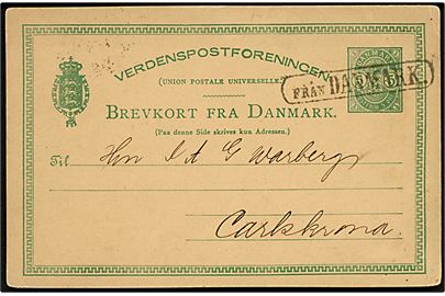 5 øre Våben helsagsbrevkort fra København annulleret med svensk skibsstempel Från Danmark og på bagsiden transit stemplet PKXP No. 2 d. 14.3.1885 til Carlskrona, Sverige.