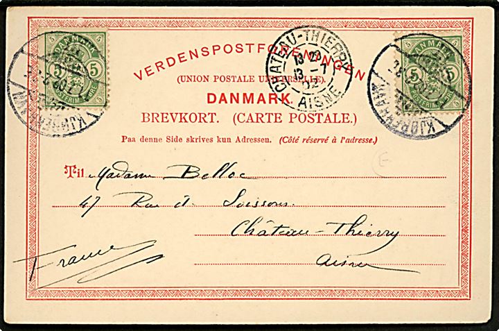 5 øre Våben (2) på brevkort (København, Langelinie ved Lystbådehavnen) fra Kjøbenhavn d. 11.7.1902 til Chateau-Thierry, Frankrig.