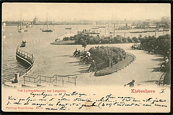5 øre Våben (2) på brevkort (København, Langelinie ved Lystbådehavnen) fra Kjøbenhavn d. 11.7.1902 til Chateau-Thierry, Frankrig.