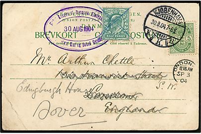 5 øre Våben på brevkort sendt som tryksag fra Kjøbenhavn d. 30.8.1904 til London, England - opfrankeret med ½d Edward VII og eftersendt til Dover. Hj.knæk.