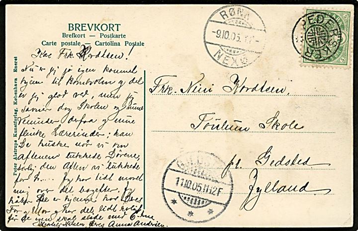 5 øre Våben på brevkort annulleret med stjernestempel PEDERSKER og sidestemplet bureau Rønne - Nexø T.8 d. 9.10.1905 til Gedsted.