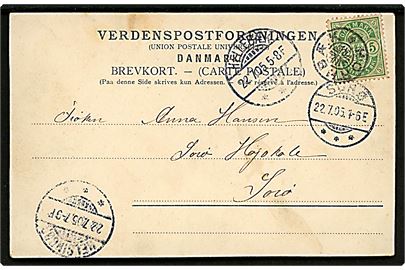 5 øre Våben på brevkort (Hotel Bondegaarden, Hornbæk) annulleret med stjernestempel HORNBÆK og sidestemplet Hellebæk d. 22.7.1905 via Helsingør til Sorø.