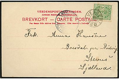 5 øre Våben på brevkort annulleret med stjernestempel VEGGERLØSE og sidestemplet Nykjøbing paa Falster d. 17.11.1905 til Rødvig Stevns. 