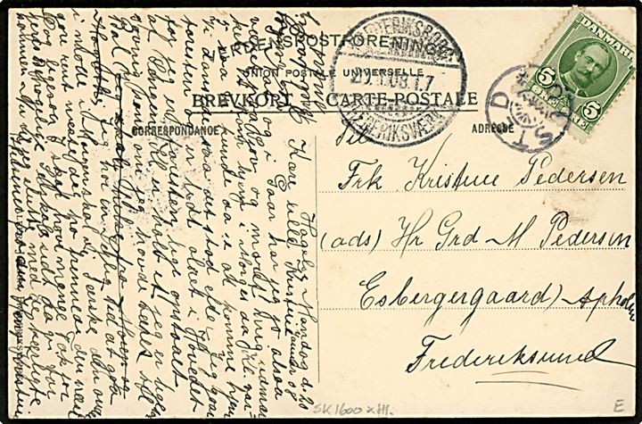 5 øre Fr. VIII (defekt) på brevkort (Ved Aaen i Frederiksværk) annulleret med stjernestempel ØLSTED og sidestemplet bureau Frederiksborg - Frederiksværk T.7 d. 20.1.1908 til Frederikssund.