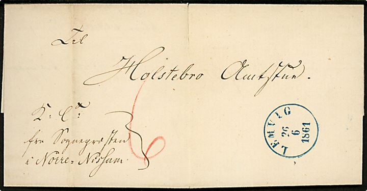 1861. Ufrankeret tjenestebrev påskrevet K.T. fra Sognepræsten i Nørre-Nissum med BLÅT antiqua Lemvig d. 26.6.1861 til Holstebro Amtsstue. Påskrevet 6 sk. porto. Rift.