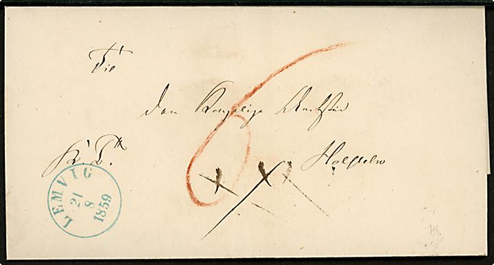 1859. Tjenestebrev fra Hygum Præstegaard d. 20.8.1859 med blåligt antiqua Lemvig d. 21.8.1859 til Holstebro Amtsstue. Påskrevet 6 sk. porto.