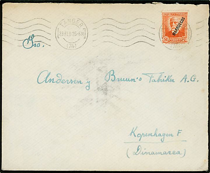 Spansk Marokko. 50 cts. MARRUECOS Provisorium single på brev fra Tanger d. 23.2.1935 til København, Danmark.