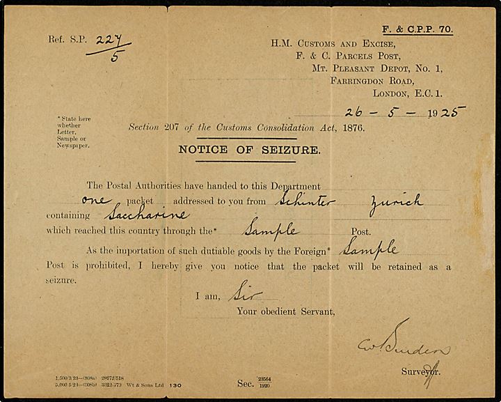 London Official Paid franco-stempel d. 23.5.1925 på meddelelse til Hampstead. Fra toldkontrol vedr. tilbageholdt pakke med forbudt indhold fra Schweiz.