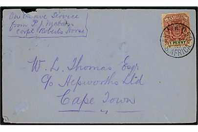 1d V.R.I. Provisorium (svagt takket) på brev fra Corpl. P. J. Melass i Roberts Horse annulleret med feltpost stemepel ARMY P.O. 50 S. Africa d. 14.8.1900 til Cape Town.