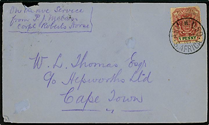 1d V.R.I. Provisorium (svagt takket) på brev fra Corpl. P. J. Melass i Roberts Horse annulleret med feltpost stemepel ARMY P.O. 50 S. Africa d. 14.8.1900 til Cape Town.