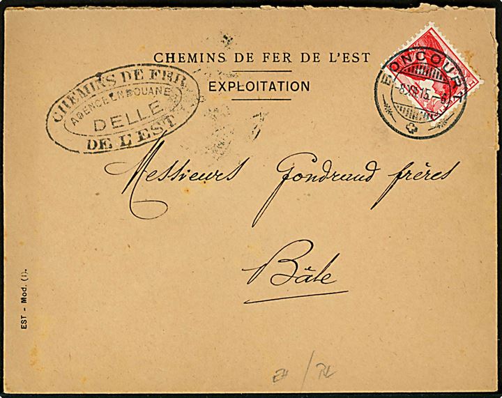Schweiz 10 c. på brev fra Chemins de fer de l'est annulleret Boncourt d. 8.12.1915 til Basel. På bagsiden fransk 5 c. og 10 c. (par) annulleret med ovalt toldstempel fra Delle. 