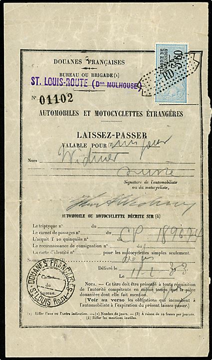 Fransk 3,60 fr. stempelmærke annulleret RD på passérseddel for udenlandske automobiler og motorcykler stemplet i St. Louis d. 11.2.1933.