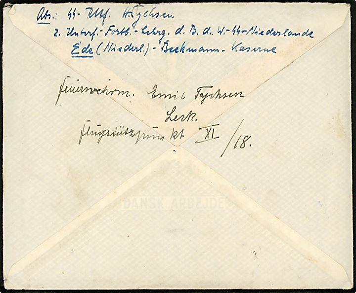 Ufrankeret feltpostbrev fra den danske SS-frivillige Hans Tychsen med stumt stempel d. 14.12.1942 til familie i Danmark via militæradresse i Leck, Schleswig. Fuldt indhold fra Holland ved SS-Niederlande i Ede (Holland) og briefstempel fra Waffen-SS E. / SS-Pol. Inf. Rgt. 1.