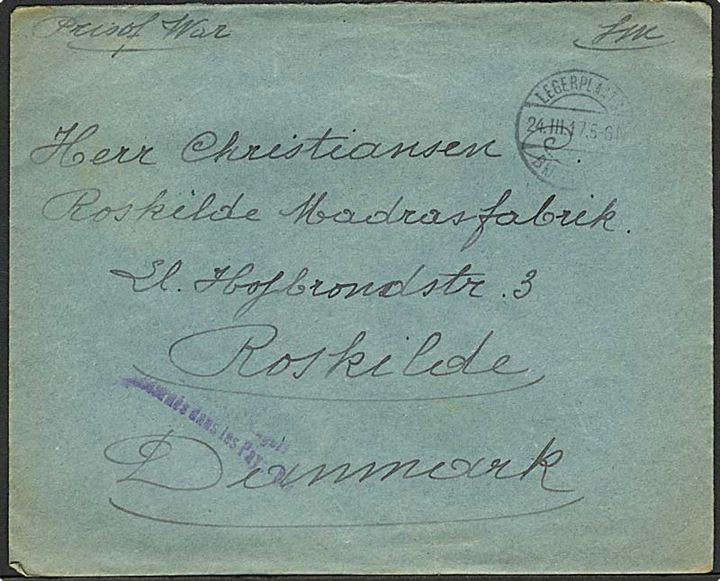 Ufrankeret krigsfangebrev fra interneret belgisk soldat interneret i Holland stemplet Legerplaats bij Zeist d. 24.3.1917 til Roskilde, Danmark.