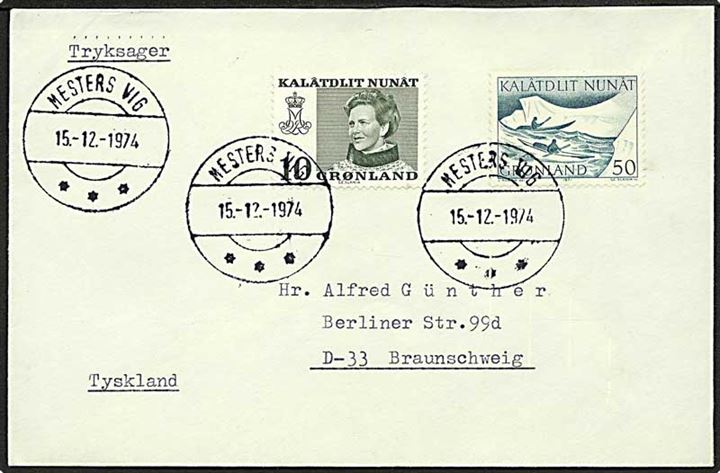 10 øre Margrethe og 50 øre Postbefordring på tryksag fra Mesters Vig d. 15.12.1974 til Braunschweig, Tyskland.