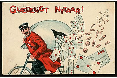 Nytårskort. Postbud på cykel med revnet postsæk! A. Vincent serie 322/3.