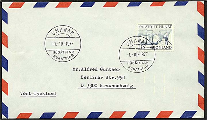 1,30 kr. Postbefordring på luftpostbrev stemplet Umanak Nugatsiaq d. 1.10.1977 til Braunschweig, Tyskland.