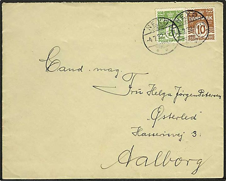 5 øre og 10 øre Bølgelinie på brev annulleret med brotype Ic Nexø d. 4.7.1932 til Aalborg.