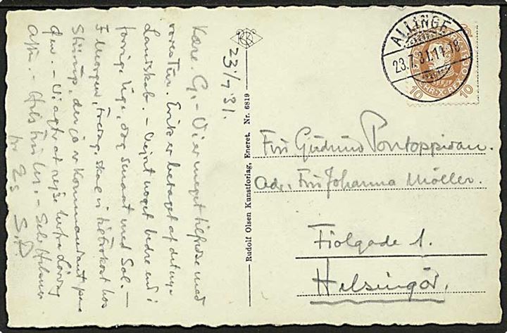 10 øre Chr. X 60 år på brevkort annulleret med brotype Ic Allinge d. 23.7.1931 til Helsingør.